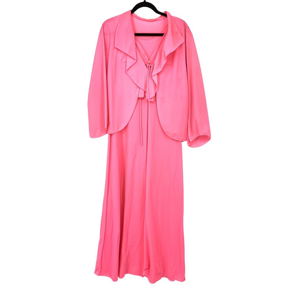 Vintage 60s Neon Pink Bed Jacket Dress Nightgown Set Women Size M/L